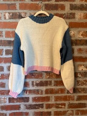 S47 - Altar'd State Cream, Blue & Pink Colorblock Crewneck Sweater